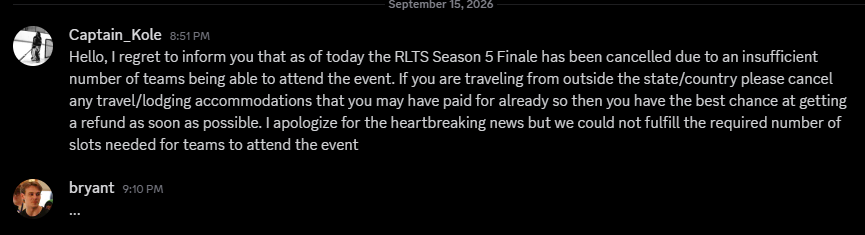 _bryantrl's tweet photo. i played in an lcq tournament and booked a flight after qualifying for this $7500 prize pool lan that was supposed to be 2 weeks from now and they just cancel it 2 weeks before??? i prob cant refund my 300$ flight... https://t.co/qByzb001ht
