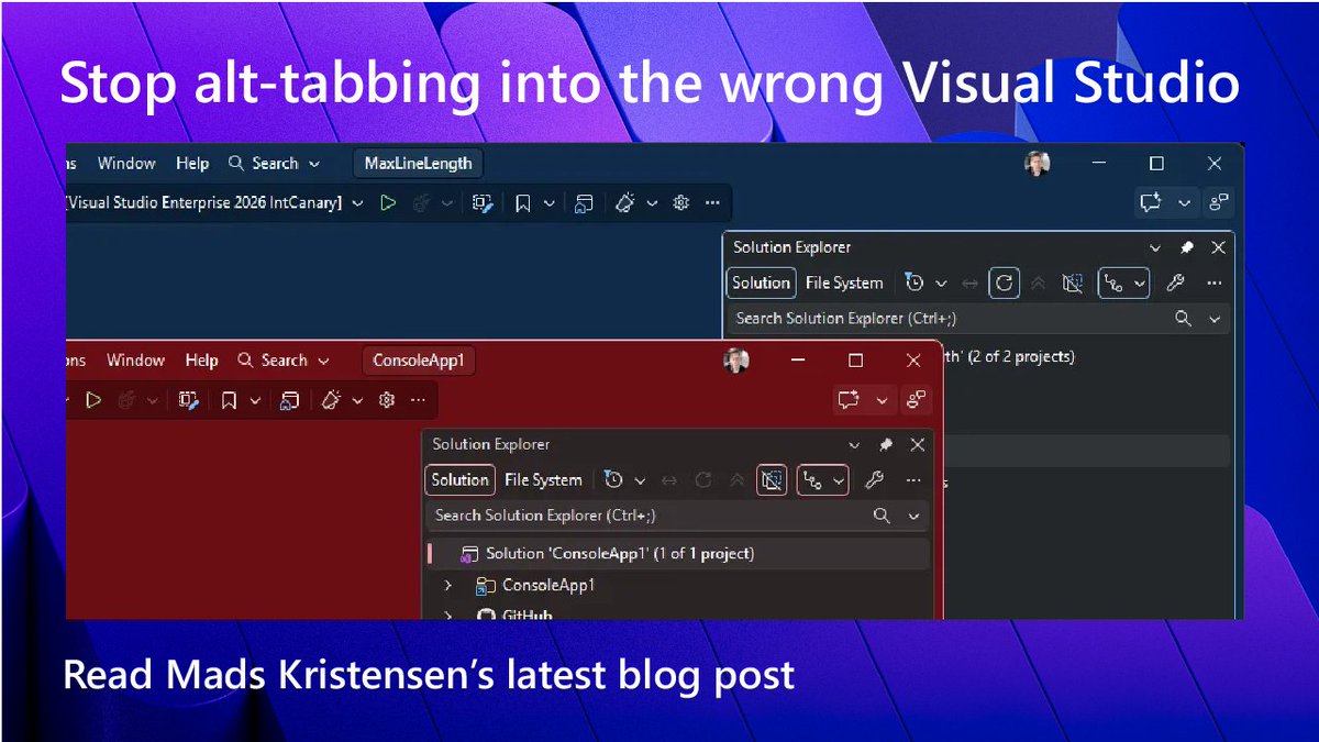 VisualStudio's tweet photo. 🎨 Alt+Tab roulette? 🎯
Visual Studio 2026 lets you scope themes/settings per solution and store them in settings.VisualStudio.json. Different repos, different colors, fewer wrong-window edits. 🚀
Read more 👉 https://t.co/5E6qgTjzfy https://t.co/k3xbnXKNEh