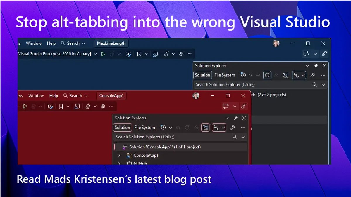 A split-screen image showing two instances of Visual Studio, one in blue and the other in red. The message 'Stop alt-tabbing into the wrong Visual Studio' appears prominently. Below, it encourages reading Mads Kristensen's latest blog post.