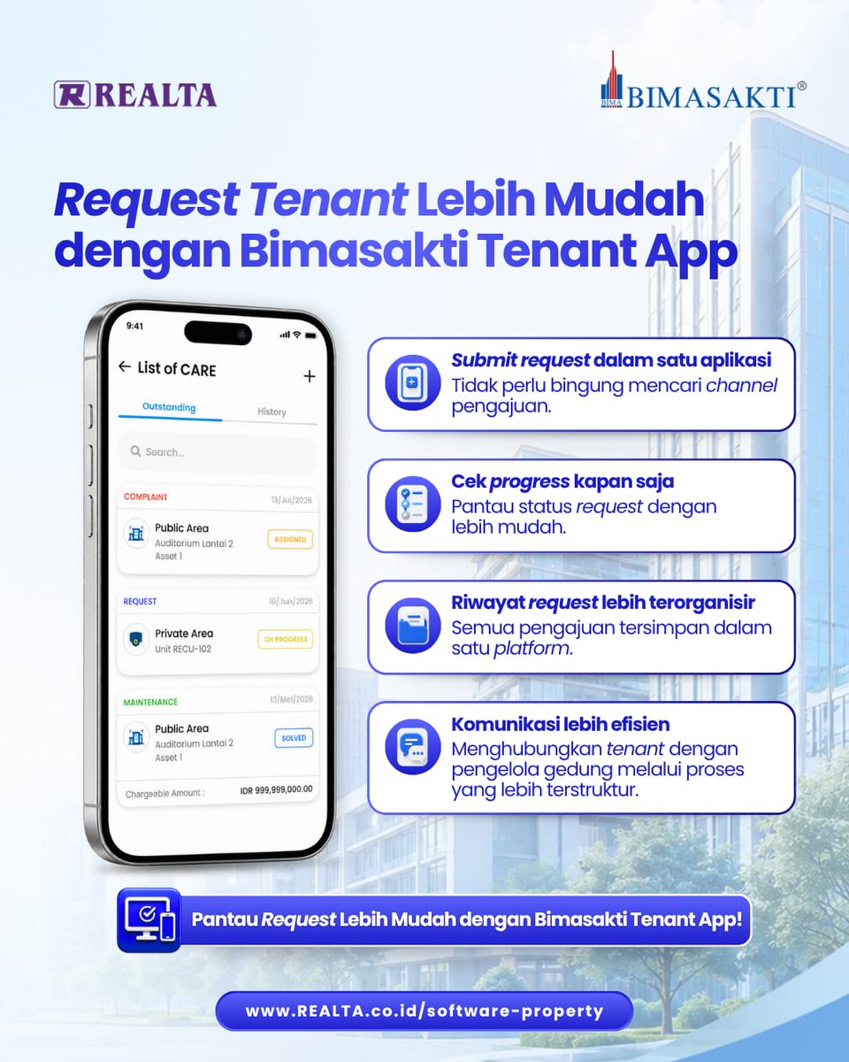 Realta_OneSol's tweet photo. Bimasakti membantu pengelola properti meninggalkan proses manual yang rentan tercecer, mulai dari pencatatan request, pemantauan progress, penentuan prioritas pekerjaan, hingga monitoring tim engineering.

Kelola request tenant lebih praktis dengan Bimasakti.

#Bimasakti #Realta https://t.co/mF6Z1Sntff