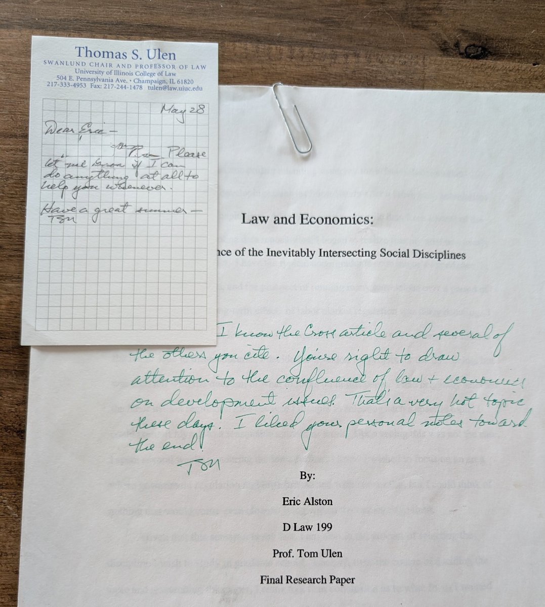 IncompleteRules's tweet photo. I recently found this while moving to take a new role as Asst Prof at @uw_law and reflected on how if it weren't for this @CHPIllinois class with Tom Ulen in 2004 whether I'd even be teaching and writing in law and economics today. So sad to hear of Tom's passing, he was such a generous mentor and insightful scholar.