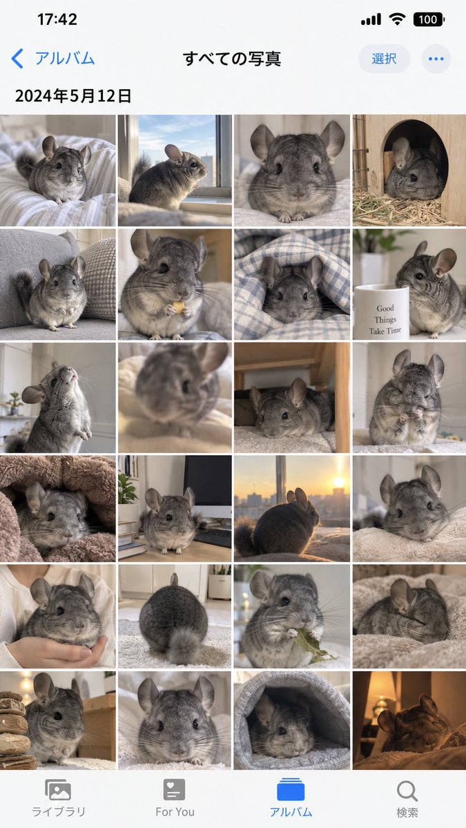 th_ai_studio's tweet photo. 面白そうな投稿を見かけて、チンチラ版を作ってみた。

ChatGPTに「チンチラを飼っている人のiPhoneのカメラロール風に」とお願いしたら、こうなった😂

顔のどアップ、ふわふわのおしり、近づきすぎてピンぼけ。
架空の一日なのに、全部消せない。

使ったプロンプトはリプ欄に👇 https://t.co/GtVsouIv80