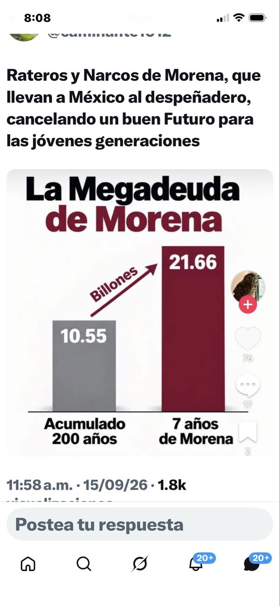 casanovastuder's tweet photo. CON MORENA EN SIETE AÑOS SE FUE LA DEUDA AL DOBLE 21,000 BILLONES DE PESOS. QUÉ POCA MADRE Y TODAVÍA RECIBEN DINERO DEL NARCO NO TIENEN LLENADERAS CON RAZÓN. TODOS QUIEREN ESTAR EN MORENA PERO YA QUE SE LES HUNDE EL BARCO Y EL BARCO ES MEXICO YA VAN A ACABAR CON MEXICO Y SU DICTADURA PERO LOS PODEMOS PARAR DE UNA MANERA NO VOTANDO POR NARCO MORENA EL PRI O EL PAN O M C PERO MORENA PARA NADA. SÍGANME Y LO SIGO.