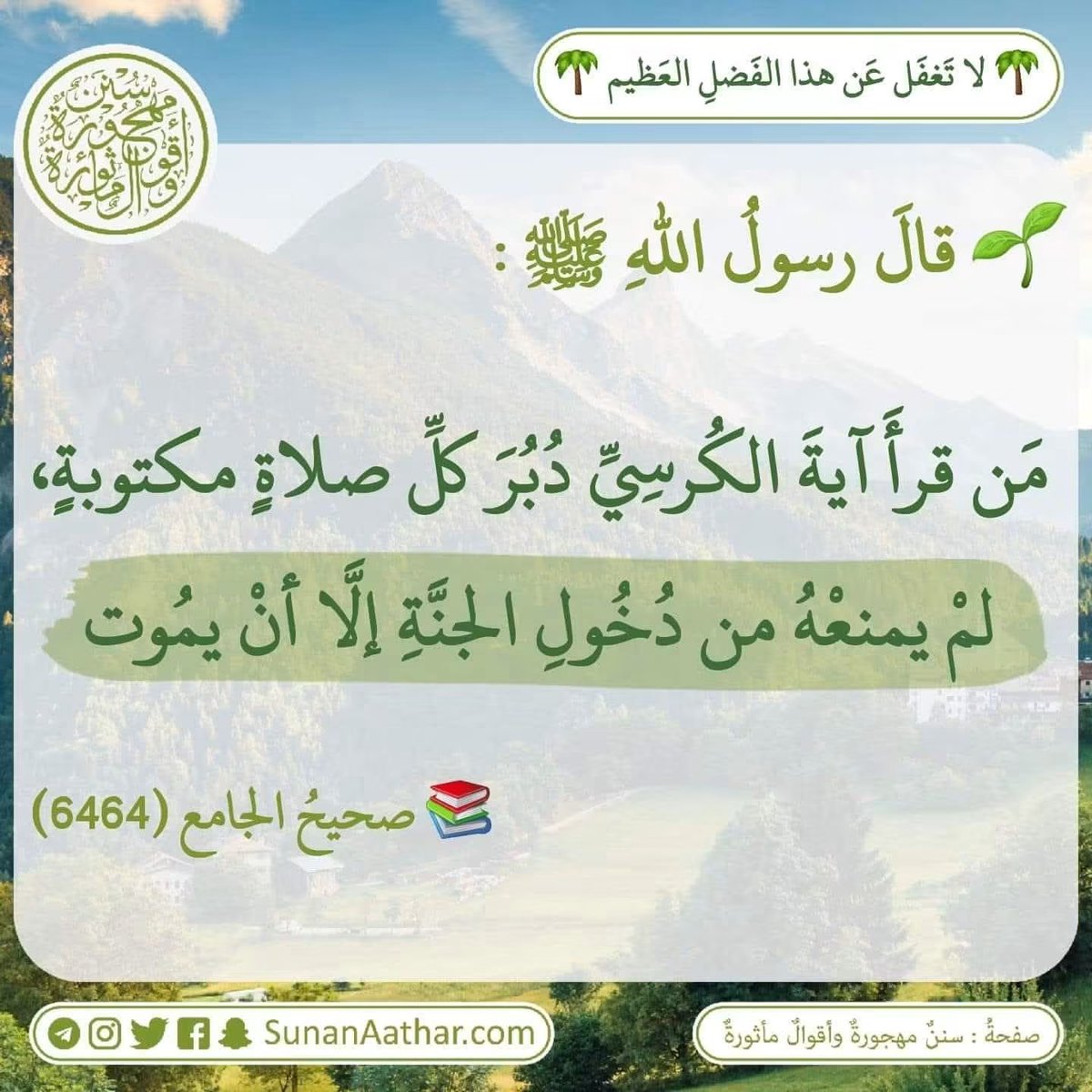 Sunanaathar's tweet photo. 🌴 *لا تَغفَل عَن هذا الفَضلِ العَظيم* 🌴 
------------------------
📜  《 سُنَنٌ مَهجورةٌ وأَقوالٌ مأثورةٌ 》
https://t.co/c3MUmMgpVS 

قناة تلغرام :
https://t.co/YaHVyiqf2N
قناة وتس أب :
https://t.co/ATv3C0MUdL https://t.co/xz1n1nSbJU