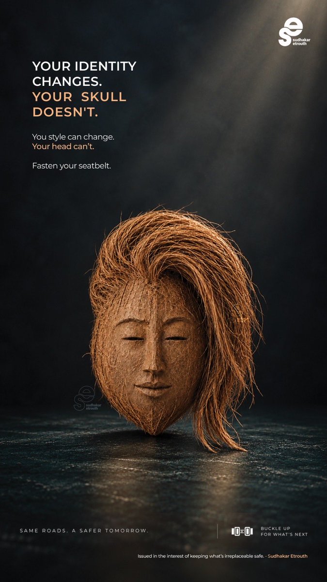sudhakaretrouth's tweet photo. Your style can change.

Your hair can change.
Your clothes can change.
Your identity can evolve.

Your skull doesn’t.

Change the look.
Keep the protection.

Fasten your seatbelt.

— Sudhakar Etrouth (SE)

#RoadSafety #BuckleUp #SeatbeltSafety #StaySafe #etrouthsudhakar https://t.co/63J3n9viIq