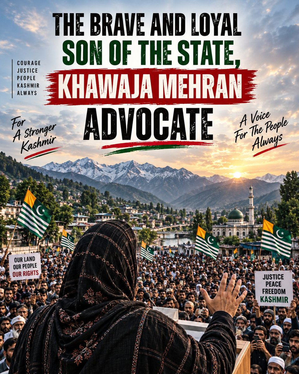 FatimaKhan20098's tweet photo. Courage, justice, and dignity remain at the heart of every struggle.Standing for the rights and aspirations of the people.
A stronger Kashmir built on peace, justice, and freedom. 🇵🇰
#KhawajaMehran #Kashmir #Justice #HumanRights https://t.co/WCqcvfNtTO