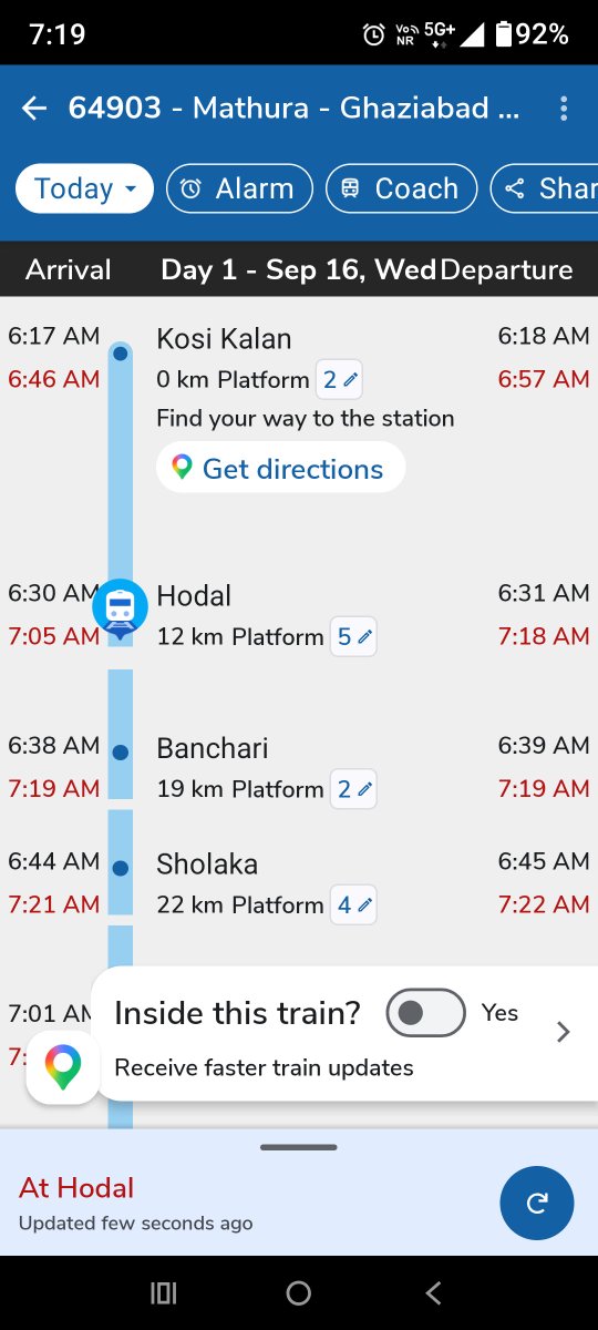 Pratap_Chaudhar's tweet photo. @AshwiniVaishnaw @RailwaySeva @DRM_Agra @drm_dli @narendramodi  @RailMinIndia @CPRONCR @GM_NRly @aajtak ट्रेन नं 64903 मथुरा स्टेशन से 30 मिनट लेट छोड़ी क्यों?4th Line पर भी होडल स्टेशन पर 15 मिनट खड़ी रखी, फिर साईकल की स्पीड से चलाई। रेलवे में समय की कोई वेल्यू नहीं है क्यों? https://t.co/nhMTU2R3jy