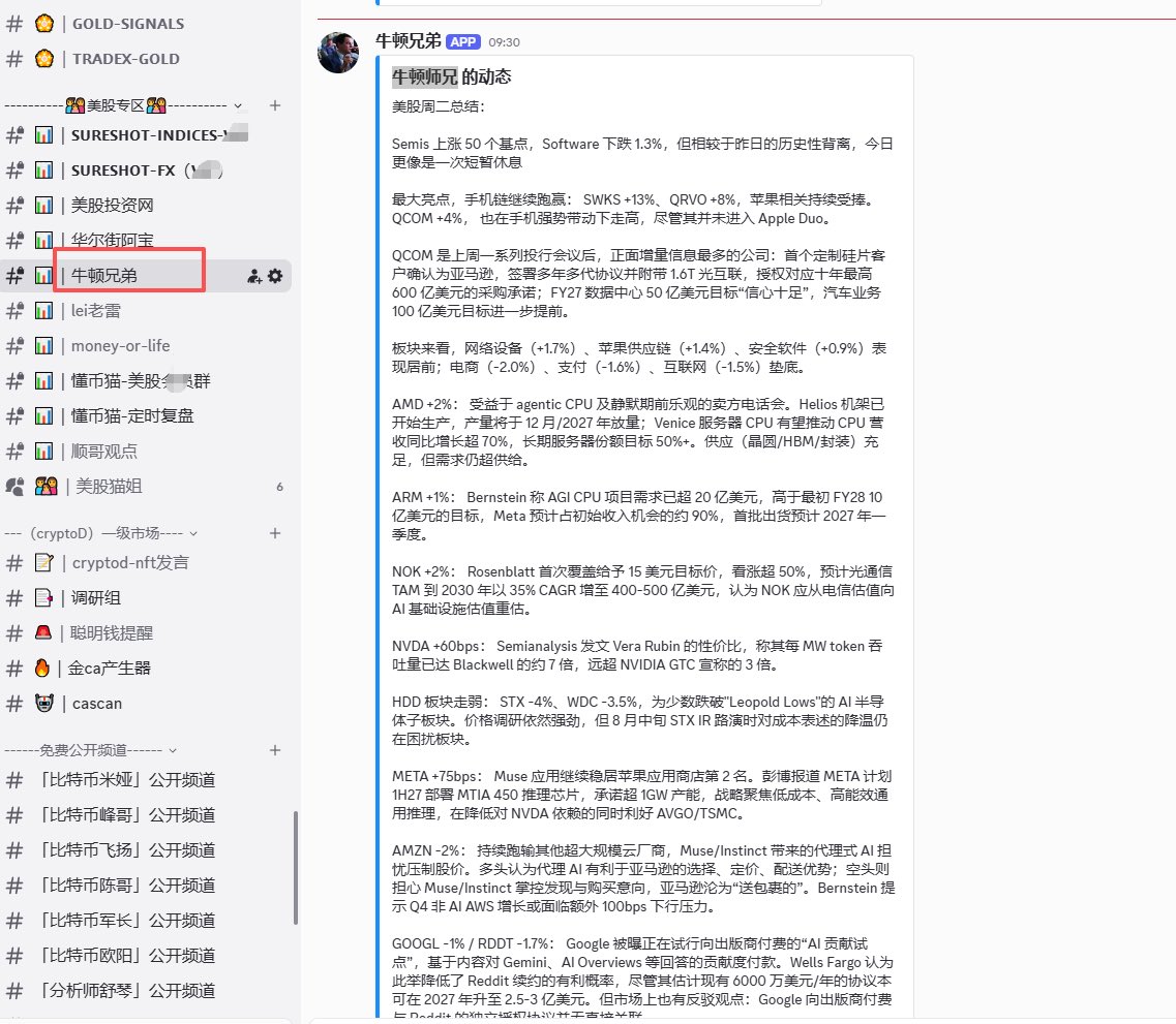 Bitjhsai's tweet photo. 牛顿师兄 美股：
美股周二总结：

Semis 上涨 50 个基点，Software 下跌 1.3%，但相较于昨日的历史性背离，今日更像是一次短暂休息

最大亮点，手机链继续跑赢： SWKS +13%、QRVO +8%，苹果相关持续受捧。QCOM +4%， 也在手机强势带动下走高，尽管其并未进入 Apple Duo。

QCOM 是上周一系列投行会议后，正面增量信息最多的公司：首个定制硅片客户确认为亚马逊，签署多年多代协议并附带 1.6T 光互联，授权对应十年最高 600 亿美元的采购承诺；FY27 数据中心 50 亿美元目标“信心十足”，汽车业务 100 亿美元目标进一步提前。

板块来看，网络设备（+1.7%）、苹果供应链（+1.4%）、安全软件（+0.9%）表现居前；电商（-2.0%）、支付（-1.6%）、互联网（-1.5%）垫底。

AMD +2%： 受益于 agentic CPU 及静默期前乐观的卖方电话会。Helios 机架��开始生产，产量将于 12 月/2027 年放量；Venice 服务器 CPU 有望推动 CPU 营收同比增长超 70%，长期服务器份额目标 50%+。供应（晶圆/HBM/封装）充足，但需求仍超供给。

ARM +1%： Bernstein 称 AGI CPU 项目需求已超 20 亿美元，高于最初 FY28 10 亿美元的目标，Meta 预计占初始收入机会的约 90%，首批出货预计 2027 年一季度。

NOK +2%： Rosenblatt 首次覆盖给予 15 美元目标价，看涨超 50%，预计光通信 TAM 到 2030 年以 35% CAGR 增至 400-500 亿美元，认为 NOK 应从电信估值向 AI 基础设施估值重估。

NVDA +60bps： Semianalysis 发文 Vera Rubin 的性价比，称其每 MW token 吞吐量已达 Blackwell 的约 7 倍，远超 NVIDIA GTC 宣称的 3 倍。

HDD 板块走弱： STX -4%、WDC -3.5%，为少数跌破"Leopold Lows"的 AI 半导体子板块。价格调研依然强劲，但 8 月中旬 STX IR 路演时对成本表述的降温仍在困扰板块。

META +75bps： Muse 应用继续稳居苹果应用商店第 2 名。彭博报道 META 计划 1H27 部署 MTIA 450 推理芯片，承诺超 1GW 产能，战略聚焦低成本、高能效通用推理，在降低对 NVDA 依赖的同时利好 AVGO/TSMC。

AMZN -2%： 持续跑输其他超大规模云厂商，Muse/Instinct 带来的代理式 AI 担忧压制股价。多头认为代理 AI 有利于亚马逊的选择、定价、配送优势；空头则担心 Muse/Instinct 掌控发现与购买意向，亚马逊沦为“送包裹的”。Bernstein 提示 Q4 非 AI AWS 增长或面临额外 100bps 下行压力。

GOOGL -1% / RDDT -1.7%： Google 被曝正在试行向出版商付费的“AI 贡献试点”，基于内容对 Gemini、AI Overviews 等回答的贡献度付款。Wells Fargo 认为此举降低了 Reddit 续约的有利概率，尽管其估计现有 6000 万美元/年的协议本可在 2027 年升至 2.5-3 亿美元。但市场上也有反驳观点：Google 向出版商付费与 Reddit 的独立授权协议并无直接关联。

BE +1%： 宾州 DEP 材料确认 Aligned Data Centers 2GW Project Phoenix 园区将配置约 1.2GW Bloom 燃料电池，进一步验证其数据中心供电方案。

软件：网络安全再度跑赢

网络安全板块再次强势： S +4%、OKTA +2%、ZS +1%。Funda报告称 agentic 攻击已覆盖零日漏洞、凭证、云工作负载，支持自动化跨域安全平台逻辑，PANW/CRWD/S 为最明确受益者。

CRM -1.5%： Dreamforce 开幕，Benioff 与 Amodei、黄仁勋同台，主题聚焦 AI 安全与防护，数据着墨较少。��日投资者日，投资者期望 FY30 营收超 630 亿美元。

SNOW -2.8%： CFO 称指引上调是流程延续而非理念转变，量化 AI 带动效应：CoCo 采用者核心消费提升 11%，AI 辅助迁移从 10-11 个月缩短至约 6 个月。

ORCL -3%： 财报后较开盘价已累计下跌 15%。

TEM +11%： CEO 在 Morgan Stanley 医疗会议上介绍两轮提价——实体瘤平台 1 月起提价至 4,500 美元（明年贡献 8000 万-1 亿美元），液体活检 2H27 定价 7,000 美元中高位（年贡献 2.5-3 亿美元）；并赢得 Merck/Moderna V940 疫苗全国测序 RFP。

加密监管受挫

金融科技全线走弱： CLARITY 法案程序性表决未通过，HOOD -3%、COIN -10%、CRCL -11%。参议员 Lummis 直言“一切就结束了”，叠加中期选举临近、参议院 10 月初休会，明确监管规则恐要等到明年。