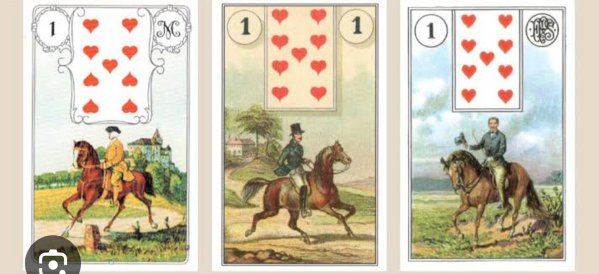 leletarologa's tweet photo. destrinchando cartas do baralho cigano parte um! 🤍 essa carta tem duas formas de ser chamada: mensageiro ou cavaleiro, perdão qualquer erro de escrita e vamos a minha visão.
1- O cavaleiro/mensageiro: eu vejo ele como o nosso iniciador, aquele que busca, ele anuncia algo, seja no seu movimento, comunicação ou a direção que toma! até mesmo novidades, pois ele tem uma visão de direção e futuro, se vocês repararem, ele tem sempre uma postura fixa, erguida em todas as suas versões, mostrando que ele acompanha o movimento do cavalo, mostrando alguém que sabe conduzir (de um lado tem ele no  meu baralho e do outro referências pra comparar)  além disso, o cavalo era o meio mais rápido que tinhamos de  velocidade antigamente, e para entendermos o lenormand, precisamos entender essa visão mais antiga, hoje em dia é muito simples enviarmos uma mensagem, mas antigamente, eles eram muito respeitados por todo o percurso que eles percorriam pra anunciar algo. Até hoje ainda utilizamos alguém como mensageiro quando falamos "manda um beijo pra tal pessoa! manda um abraço pra tal pessoa!" ou "avisa fulano de tal coisa!" então é um arquétipo que ainda carregamos até os tempos de hoje, porém como temos muito mais praticidade com comunicação hoje em dia, esquecemos quem eram os pioneiros da comunicação, mas e o cavaleiro? aquele aspecto bravo de movimento que conduz um cavalo também se encaixa aqui, ambos tem em comum sua movimentação e coragem, o ponto dele ser a primeira carta mostra que ele é o nosso ponto de partida, alguém que corre sabendo o quê quer conquistar ou a aventura que vai iniciar, mas sempre alguém de acordo com seu objetivo, nunca alguém estagnado ou de postura torta. Não da pra falar que esse cara não tem atitude, não da pra falar que ele é sem rumo, pois toda sua jornada mostra o rumo que ele quer, uma chegada ou algo que ele vá desbravar. ele tem uma ótima deslocação e pode representar questões rápidas também por conta disso, além do nove do copas que mostra muito pra gente o apreço de conquista, alguém que vai atrás do que quer e que realiza seus desejos! obrigada por ler até aqui e espero que vocês gostem