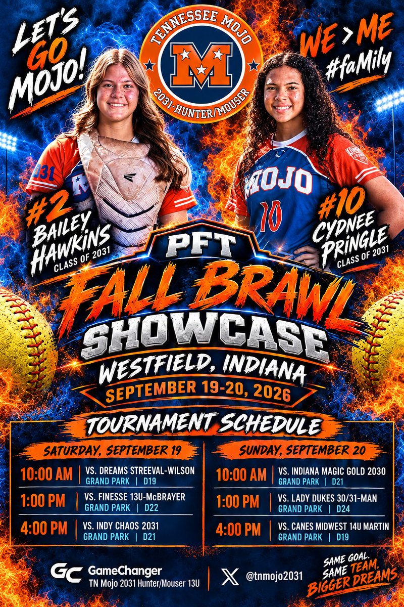 TnMojo2031's tweet photo. 🔥 TN MOJO 2031-HUNTER/MOUSER IS SHOWCASE BOUND! 🔥

Next stop: Westfield, Indiana — Grand Park! 🥎🧡💙

The girls are ready to get back between the lines and put the Mojo Mentality to work. After the grind of practice, the mental-game work, and challenging themselves in those uncomfortable moments, it’s time to compete!

📅 September 19

10:00 AM — vs. Dreams Streeval-Wilson | D19
1:00 PM — vs. Finesse 13U-McBrayer | D22
4:00 PM — vs. Indy Chaos 2031 | D21

📅 September 20

10:00 AM- vs Indiana Magic Gold 2030
D21
1:00 PM- vs Lady Dukes 30/31 Man
D24
4:00 PM-vs Canes Midwest 14U Martin
D19

📍 Grand Park Sports Campus — Westfield, Indiana

Six games. One goal. One unit.
Bring the energy. Bring the attitude. Bring the MOJO!

WE > ME 🧡💙