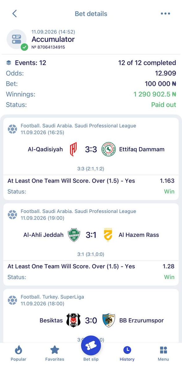 Emilyly01's tweet photo. 13 ODDS SETTLED AT LAST💚🔥😍 

Congrats to all winners💵💥

Register Here 👇👇👇
https://t.co/n13TsrvfOy

✅Use promo code MILYPESA

@BoomQueen_  @ShegunFunmiTips @suretips_x @bettinghubgames @ms__finest https://t.co/CPwU0pu578