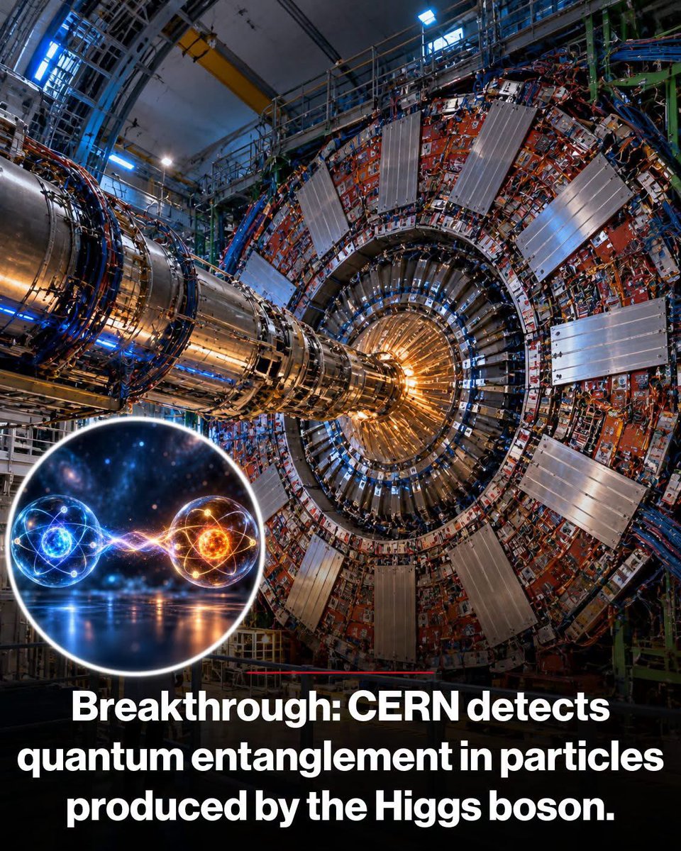 ⚛️ CERN JUST FOUND QUANTUM ENTANGLEMENT IN HEAVY PARTICLES

Scientists at CERN’s ATLAS experiment found strong evidence that **two Z bosons produced from a Higgs boson can become quantum entangled**.

Even though Z bosons are massive and extremely short-lived, their quantum states appear to remain deeply connected. The non-entangled explanation was rejected at **4.7 standard deviations**.

This pushes quantum entanglement into a new territory — **the extreme energy world of the Large Hadron Collider.*

**Source:** ATLAS Collaboration. (2026). *Measurements of Z-boson pair entanglement in decays of Higgs bosons at the ATLAS experiment*. *Physical Review Letters*.