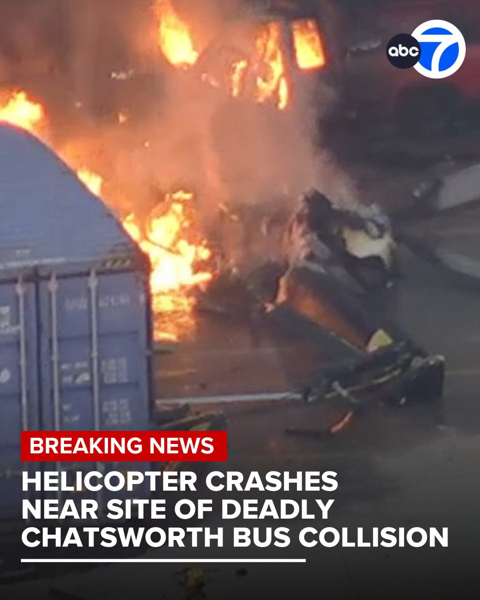 ABC7's tweet photo. #BREAKINGNEWS At least one person is confirmed dead after a helicopter crashed near the scene of a deadly bus collision in Chatsworth on Tuesday evening. It is unknown who the helicopter belongs to. The ABC7 helicopter crews that were covering the Chatsworth bus crash at the time of the incident are accounted for.

Read more: https://t.co/PiWneEzmW7