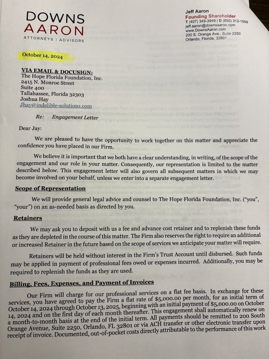 Sporaticus_'s tweet photo. Prob pure coincidence the guy hired as Hope FL Fdn’s attorney on Oct 14—the same day the board was informed of a $10m “donation” from a Medicaid settlement &amp; an unsolicited $5m “grant” request the FL Chamber sent the day b4 (Sunday)—also runs James Uthmeier’s political committee https://t.co/hiFCko1kBs