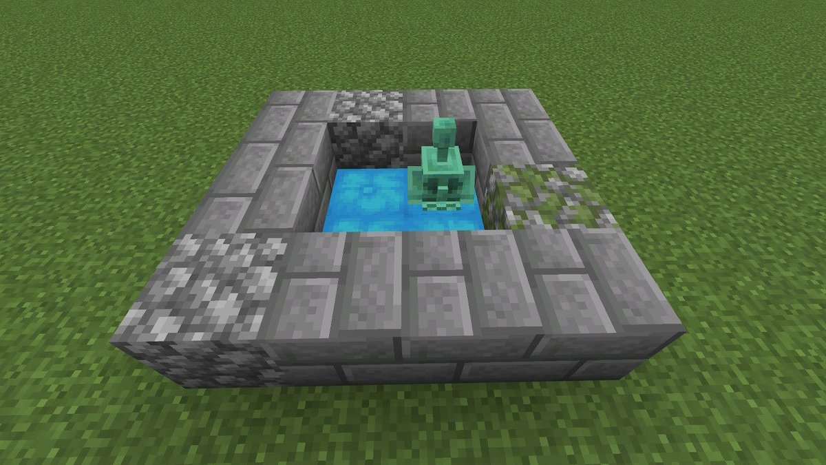 ETrhwx's tweet photo. マイクラのアプデで追加されたクッションについて研究
銅ゴーレム→クッションの順に置くと銅ゴーレムがクッションに座っているように見��る！2枚目はお風呂？足湯？に入る銅ゴーレム
色々応用できそう✨️

#Minecraft建築コミュ #Minecraftbuilds https://t.co/PDdYX9hxdn