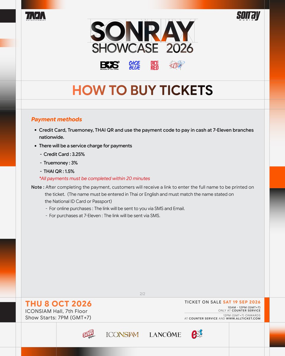 sonraymusic's tweet photo. 📢 วิธีการซื้อบัตรเข้างาน

SONRAY SHOWCASE 2026 

🗓️ 8 ตุลาคม 2026
📍 ICONSIAM Hall, 7 Floor
⏰ เริ่มการแสดง เวลา 19:00 น.

#SONRAYSHOWCASE2026 
#BUSbecauseofyouishine 
#DICEBLUE #DICERED 
#9214KIDS
#SONRAYMUSIC https://t.co/2PDiJLSZiF