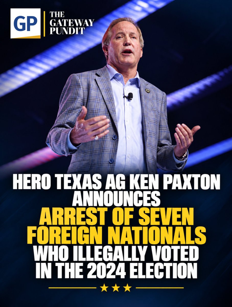 gatewaypundit's tweet photo. The left spent years insisting noncitizen voting was a “conspiracy theory.” Texas just put seven more names on a booking sheet.

Attorney General Ken Paxton announced Tuesday the arrest of seven foreign nationals who had already been indicted for illegal activity tied to the 2024 general election.

Read the rest of the story, link in the comments.