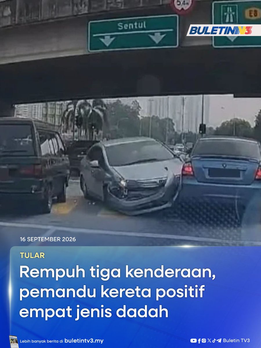 BuletinTV3's tweet photo. TULAR | Pemandu kereta Honda Civic dalam video tular merempuh tiga kenderaan di Jalan Kampung Bandar Dalam, di ibu negara, semalam, didapati positif dadah jenis benzo, methamphetamine, ketamin dan amphetamine.
#BuletinTV3 #BeritaTerkini #VideoTular #Rempuh #Dadah #Kemalangan
Berita penuh di https://t.co/C2nAzuS1dP