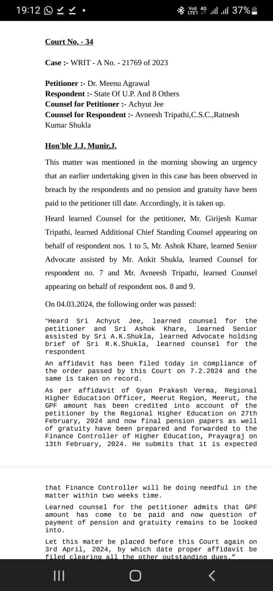 Sudhish405's tweet photo. In the Hearing on 3rd April 2024, Hon'ble High Court Judge Orders as under:

"Prima facie, Gyan Prakash Verma, Regional Higher Education Officer, Meerut Region, Meerut appears to be guilty of making a false statement on oath in his affidavit before the Court on 04.03.2024 knowing it to be false.  The consequences ought to follow"