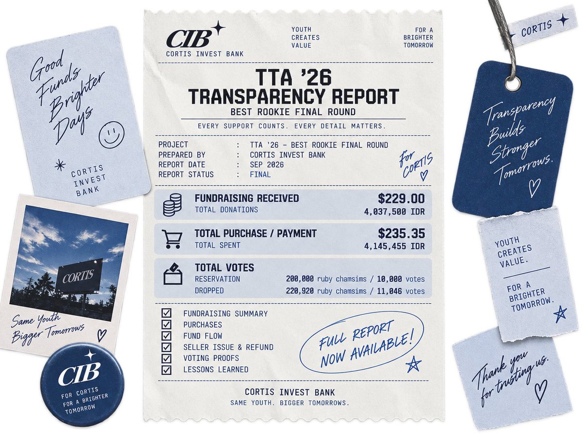 coerhapsody's tweet photo. 🏦 CORTIS INVEST BANK | TTA ’26 TRANSPARENCY REPORT
First, we’re sorry for the delay in posting this report. We wanted to take the time to properly organize the transactions, review the voting proofs, reconcile the fund flow and refund, and make sure everything was documented as clearly and accurately as possible.

The full transparency report for our TTA ’26 Best Rookie Final Round fundraising project is now available:

📎 Full report: https://t.co/dLiynJkOsm

Notice: Despite the issues encountered with one seller, no donation funds were lost or wasted. Every penny was accounted for and put toward the project, even though we didn’t get the result we hoped for this time.

After further discussion, the seller fully refunded our deposit and attributed the issue to a third party. We acknowledge their explanation; however, some inconsistencies remain unresolved from our side. We are not making any accusations, but we encourage everyone to exercise caution and verify carefully when making future transactions.

Thank you for trusting us and showing up for CORTIS. 🫶🏻🫡