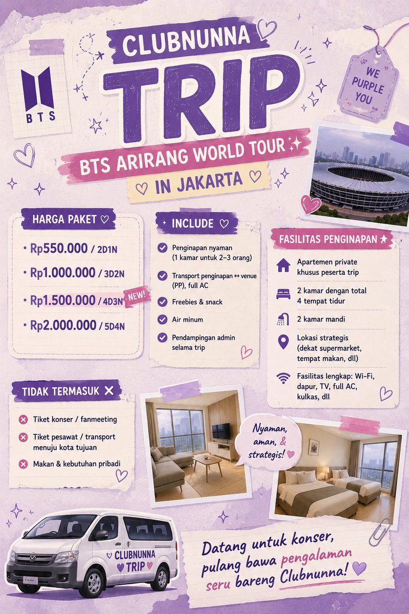 myjaem13's tweet photo. [HELP RT] 
OPEN TRIP BTS ARIRANG WORLD TOUR in JAKARTA 💜

Buat ARMY yang mau nonton bareng, Clubnunna buka open trip nih! 🥹🫶🏻
Detail harga & fasilitas udah ada di poster yaa.

✨ Harga sudah include makan setelah konser!
Yuk amankan slot sebelum kehabisan 🤍

#BTS_WORLDTOUR_ARİRANG #army #BTSINJAKARTA