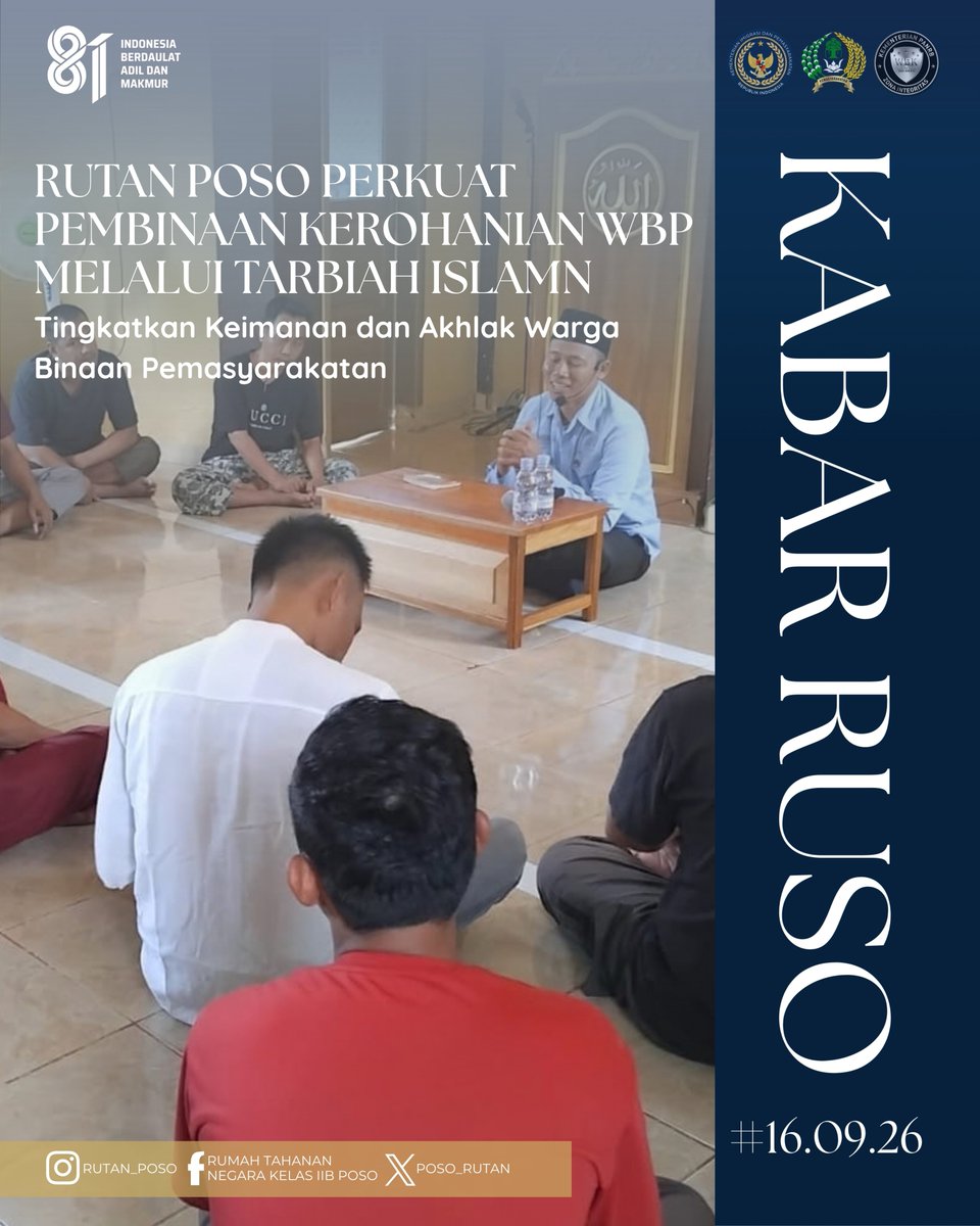 PosoRutan's tweet photo. Rutan Poso Perkuat Pembinaan Kerohanian WBP melalui Tarbiah Islam

SELENGKAPNYA: https://t.co/Gd4mvV7ohD

#RutanPoso #Pemasyarakatan #PembinaanWBP #TarbiahIslam #Kemenimipas https://t.co/eeCG2upeJI
