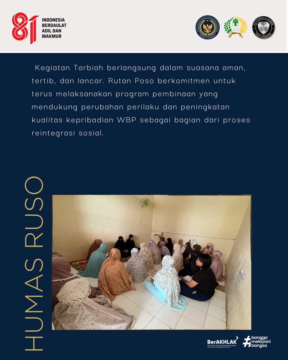 PosoRutan's tweet photo. Rutan Poso Perkuat Pembinaan Kerohanian WBP melalui Tarbiah Islam

SELENGKAPNYA: https://t.co/Gd4mvV7ohD

#RutanPoso #Pemasyarakatan #PembinaanWBP #TarbiahIslam #Kemenimipas https://t.co/eeCG2upeJI