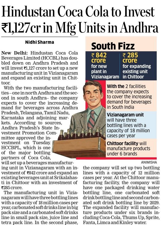 nidhi_sharma's tweet photo. After reviewing its expansion plans,  Coca Cola @HCCB_Official doubles down on Andhra Pradesh.

Hindustan Coca-Cola Beverages is investing ₹1,127 crore in the state - ₹842 crore for a new manufacturing facility in Vizianagaram and ₹285 crore to expand its existing Chittoor unit.

The Vizianagaram plant will have capacity of 18 million cases annually, while the expanded Chittoor facility will manufacture six brands including Coca-Cola, Thums Up, Sprite, Fanta, Limca and Kinley. Another major manufacturing bet on Andhra Pradesh. Read in @EconomicTimes
https://t.co/RCrI76VBAy
#andhra #AndhraPradesh