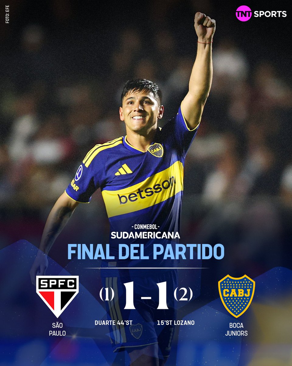 TNTSportsAR's tweet photo. BOCA EMPATÓ CON SAO PAULO Y ESTÁ EN SEMIFINALES 🔵🟡

✅ El Xeneize igualó 1-1 ante el Tricolor en el Morumbí y se clasificó gracias al 1-0 en la Bombonera. Leandro Lozano y Domingos Duarte, los autores de los goles.

🔜 El rival en la próxima instancia será Vasco da Gama, que viene de eliminar a Independiente Santa Fe.

CONMEBOL #Sudamericana 🏆