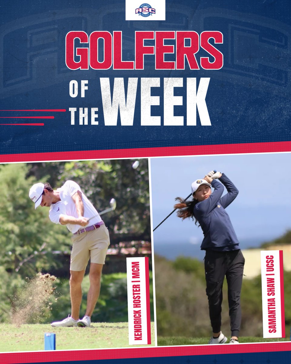 ASC_sports's tweet photo. A pair of overall medalists are this week's ASC Golfers of the Week! 🥇

Kendrick Koster | MCM | John Nellermoe Classic
Samantha Shaw | UCSC | CA State Intercollegiate https://t.co/3AVMKUjGlG