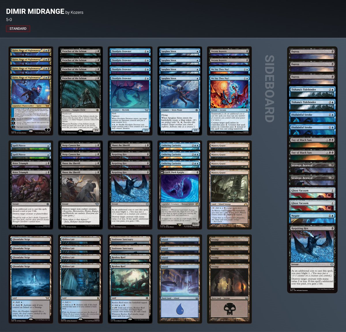 bradkozy's tweet photo. I went 3-0 100% GW% in tonights Standard Showdown with Dimir Midrange again! 🔵⚫️

R1 vs Boros Dragons ✅️✅️
R2 vs Jund Sacrifice ✅️✅️
R3 vs Azorius Enchantments ✅️✅️

I feel pretty good with Dimir as long as I don't run into Green Landfall 😂 https://t.co/S1Y4PtpezH