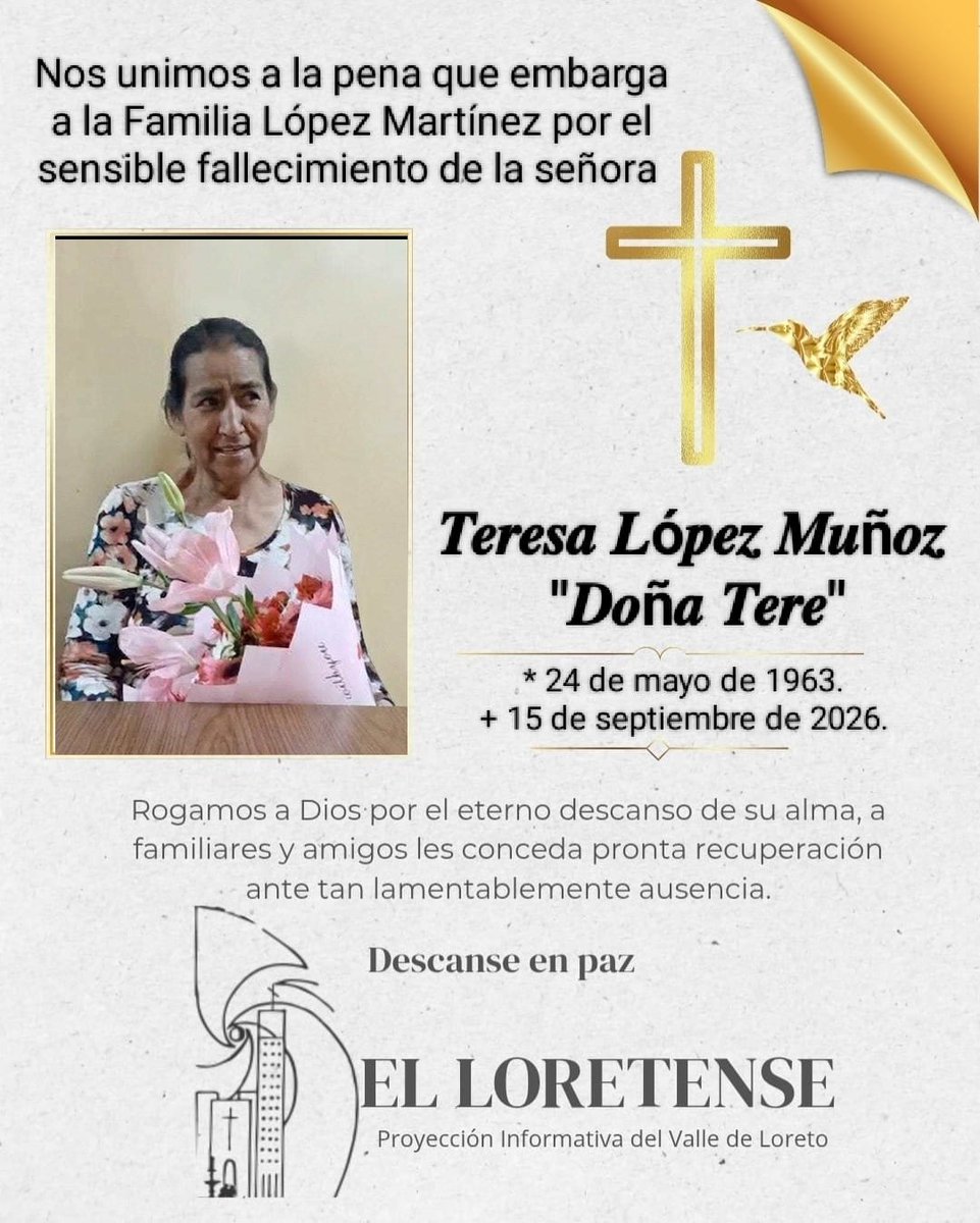 ELoretense's tweet photo. ✝️ A familiares y amigos que en vida lo fueron de la señora 𝗧𝗲𝗿𝗲𝘀𝗮 𝗟ó𝗽𝗲𝘇 𝗠𝘂ñ𝗼𝘇 "𝗗𝗼ñ𝗮 𝗧𝗲𝗿𝗲", conocida por ofrecer ricas gorditas por la esc. primaria Jaime Torres Bodet, les participamos su deceso acaecido en ésta ciudad de Loreto, Zac. 
Descanse en paz 🙏🏻🕊️ https://t.co/ngqZ0KlsMm