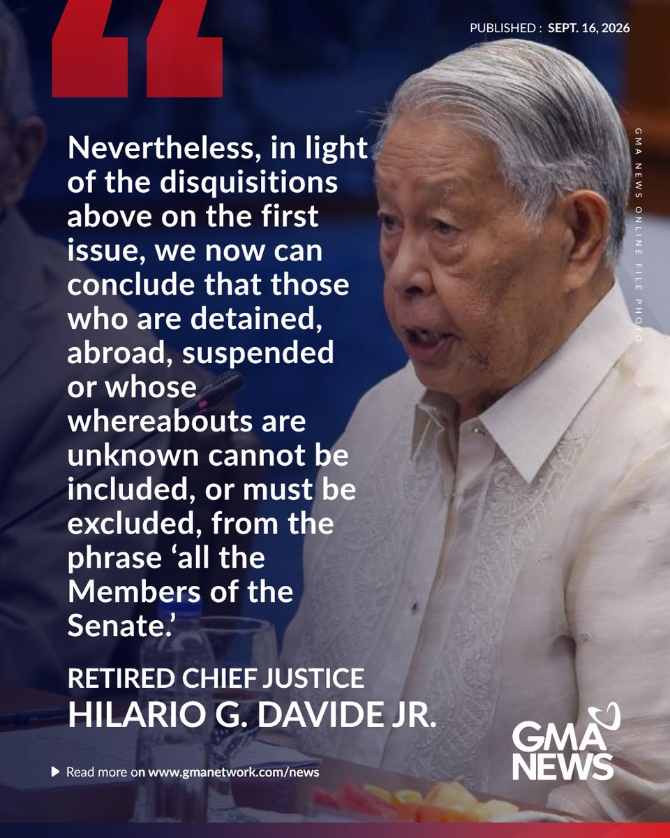 gmanews's tweet photo. Retired Supreme Court Chief Justice Hilario Davide Jr., in his legal memorandum for the impeachment trial of Vice President Sara Duterte, said "those who are abroad, suspended, or whose whereabouts are unknown cannot be included" in the voting threshold.

"May this decision in Avelino vs. Cuenco be applied in a Senate acting as an Impeachment Court? The Impeachment Court can consider this as having a persuasive value," Davide said in a legal memorandum read by the Clerk of Court. #VPonTrial

Watch the live coverage of GMA News on the impeachment trial of Vice President Sara Duterte: https://t.co/jBBgu0nusS

Read updates here: https://t.co/GdRtIT1S9y