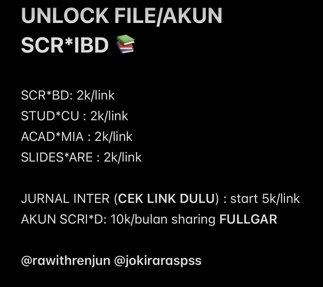 kimpuldrafts's tweet photo. pagiee  #zonauang ! ini acc promosi @petalrr yaps, kalau nit unlock file scribd, slideshare studocu bisa yaps fee 2k/link. coursehero 3k/link. aku jg bisa download science direct, springer, e-journal lain fee 5k/link (cek link dulu). drop link ke wa di bio yas PASTINYA FASTT 😼🫰🏻 https://t.co/WZmeg3lwgO