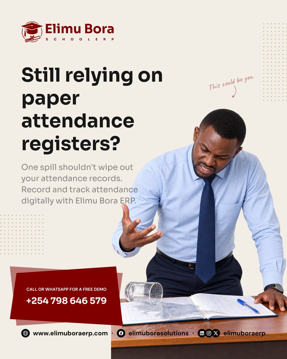elimuboraerp's tweet photo. Still relying on paper attendance registers?

One spill shouldn't wipe out your attendance records.

Record and track attendance digitally with Elimu Bora ERP.

Book a free demo: +254 798 646 579

#ElimuBora #EdTechKenya https://t.co/Wun9TZx67u