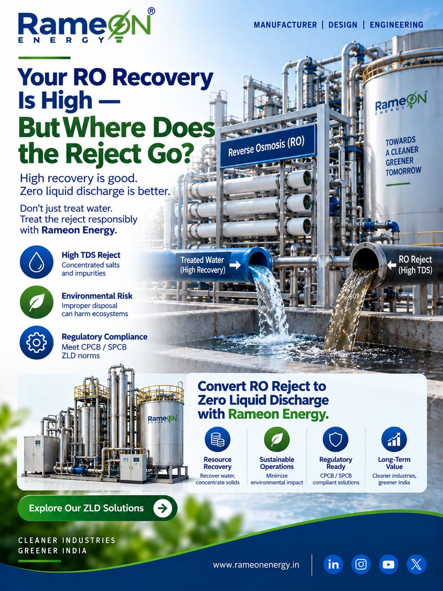 rameonenergy's tweet photo. Your RO recovery is high β but where does the reject go? π§
RO reject contains concentrated salts & impurities.
RO Reject β Concentrate β Recover β ZLD
π https://t.co/m4n2mLPgjb
#ZLD #ROReject #RORecovery #WaterRecovery #WastewaterTreatment #RameONEnergy https://t.co/wSU2hKQwAy