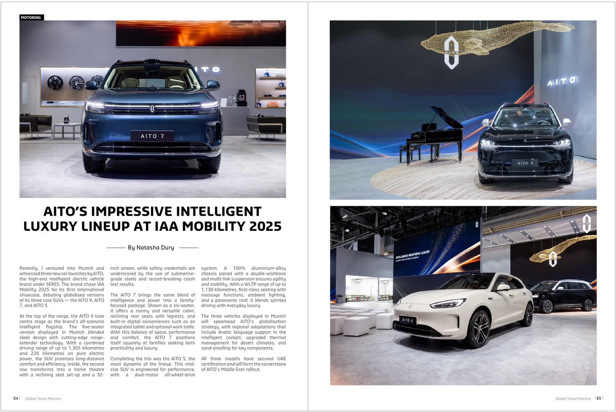 RonaldWierdkfs's tweet photo. Intelligence Redefining Luxury arrived in Munich! At IAA Mobility 2025, AITO debuted globally with three SUVs setting new EV standards: AITO 9, AITO 7, and AITO 5. With UAE certification, AITO is ready to redefine driving in the Middle East and https://t.co/xomwMlnDYO