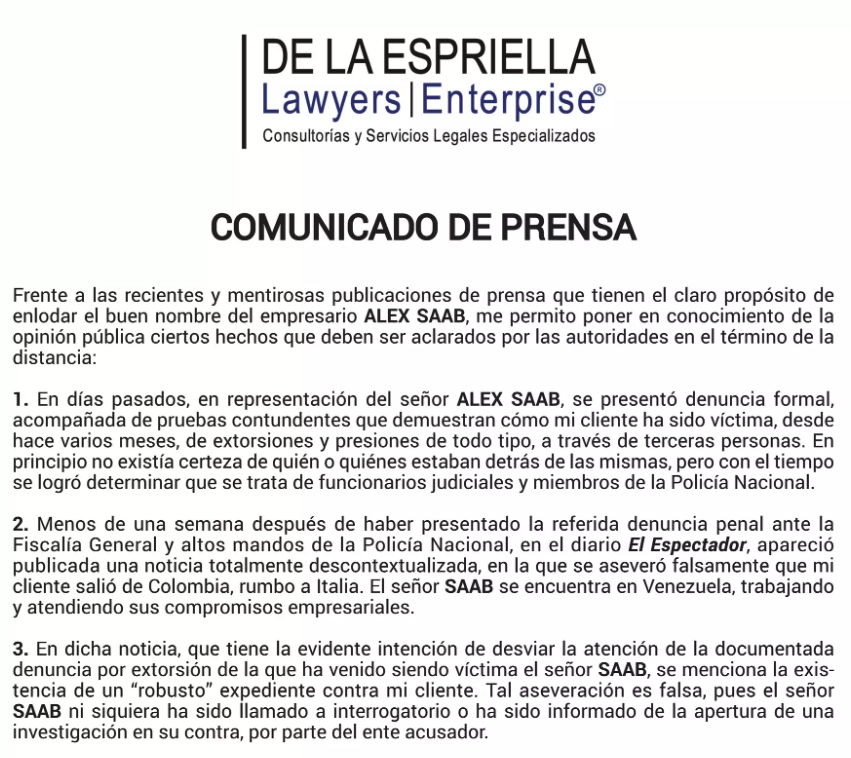 s444mud111o's tweet photo. @Fran_JOrtizF @NoticiasUno @GerardoReyesC @DELAESPRIELLAE Comunicado de Abelardo de la Espriella cuando fungía como abogado de Alex Saab en el año 2018: https://t.co/gb2rA8lWUx