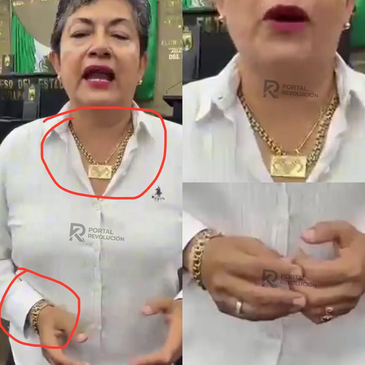 JJDiazMachuca's tweet photo. La secretaria de Pesca de Chiapas se paró a votar con medio millón de pesos en oro colgado del cuello, las orejas y las muñecas.

Los pescadores de su estado no tienen ni para echarle gasolina a la lancha.

Judith Torres Vera ya había salido de Seguridad Pública de Puebla entre señalamientos de corrupción y presuntos vínculos criminales. En 2021 le ejecutaron al hermano en la frontera de Chiapas.

Portal Revolución lo publicó. El oro sí llegó. El apoyo a los pescadores, no.