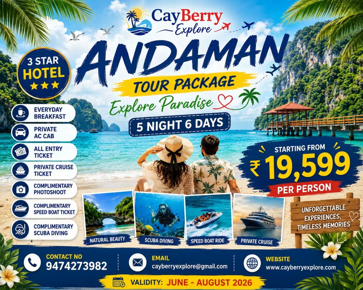 elliethompsongv's tweet photo. Experience the ultimate 6-day, 5-night Andaman Islands adventure with our popular tour package! Day 1 – Welcome to Port Blair 
Airport pickup, hotel check-in, Cellular Jail, Corbyn’s Cove Beach, water activities, and the evening light and sound https://t.co/H6oaa2aQdG