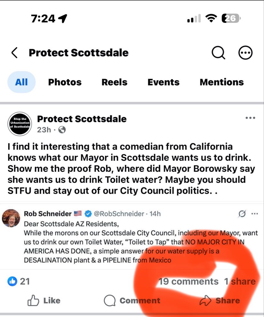 RobSchneider's tweet photo. As a Scottsdale Arizona resident,
I am not going to let the BOUGHT CITY council and it’s untrustworthy Mayor MAKE MY FAMILY and OTHER SCOTTSDALE FAMILIES PARTAKE IN THEIR 300 MILLION DOLLAR EXPERIMENTAL ASU and REAL ESTATE DEVELOPMENT “TOILET TO TAP” CRAP!
I WILL PAY TO RECALL EVERY CITY COUNCIL MEMBER and MAYOR that VOTES TO POISON OUR CITY with this UNTRIED NON-EXISTENT TECHNOLOGY!