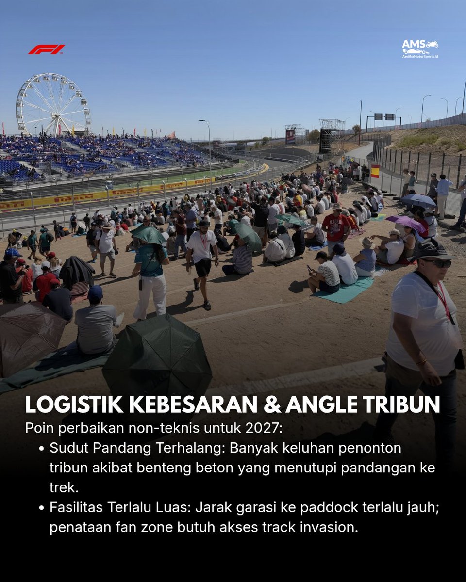 AndikaMS_id's tweet photo. EVALUASI TEKNIS & RENCANA PEROMBAKAN SIRKUIT MADRING F1 2027!
Sukses di luar lintasan, tapi minim aksi overtake. Masalah pengereman T5, rute sempit T12โT20, pitlane 540m, & ban C2 keras bikin balapan membosankan.
#F1 #SpanishGP #Madring #CircuitDesign #AMS https://t.co/9MHlB2jeMA