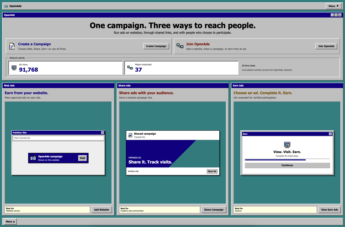 openadsworld's tweet photo. a little look inside OpenAds.

i’m building the product behind $OPENADS.

one campaign. three ways to reach people:
1. websites
2. shared links
3. rewarded visits

91,768 ad views. 37 sites onboarded.
all time totals, beta included. not what’s live today.

this is the distribution layer i’m building on @arc.

back to building the $OPENADS