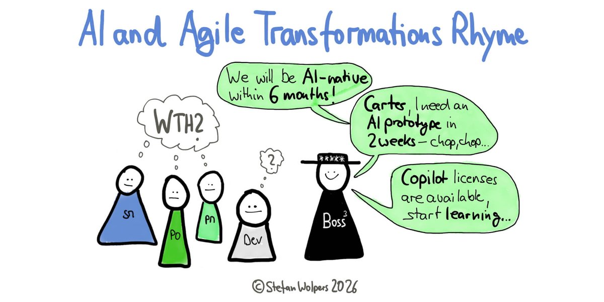 Scrumdotorg's tweet photo. From the mandate from above to the Greenfield Showcase to the consultancy that sets it up for you, find out why AI Transformations and Agile Transformations Rhyme in this new post from PST Stefan Wolpers. https://t.co/8qYtSAUw0n @StefanW  #AITransformations #BusinessAgility https://t.co/h23q2W0cLc