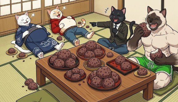 wanmar134158's tweet photo. やぁ、友達とおはぎパーティーしたわぁん！食べすぎて動けなくなったわぁん…。
マー君はまだ食べるわぁんか…。
いつか読者のみんなともおはぎパーティーしたいわぁんね。 https://t.co/IiqQXUkVRi