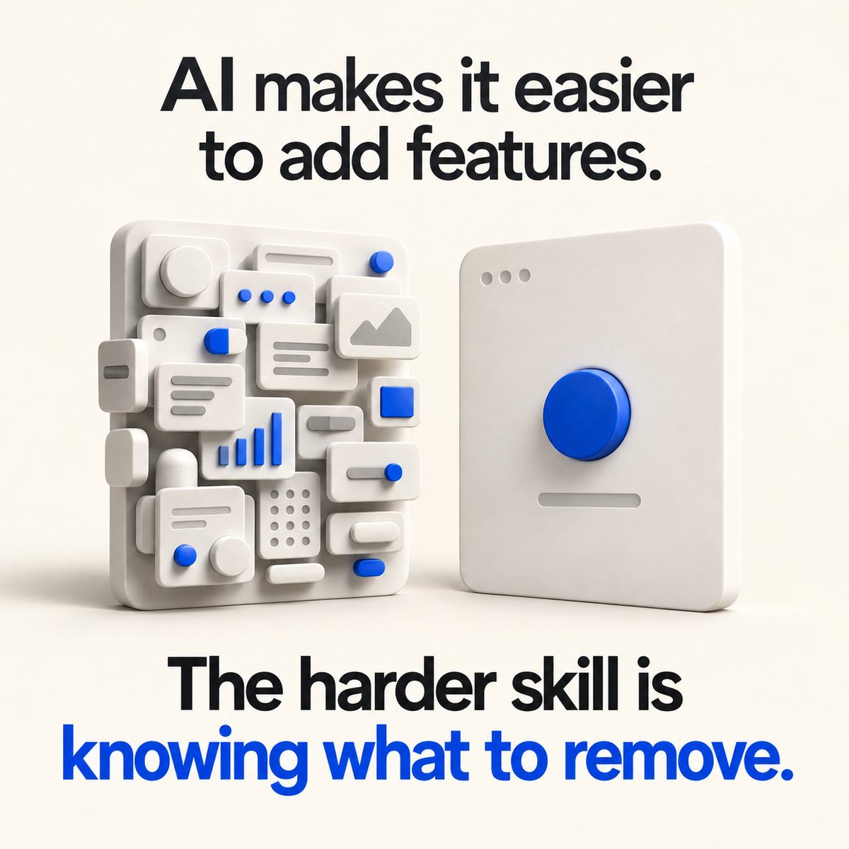 infiplay_ai's tweet photo. AI makes it easier to add features.

The harder skill is knowing what to remove.

What’s one feature you deleted that made your product better? https://t.co/WK4u1t1O4v