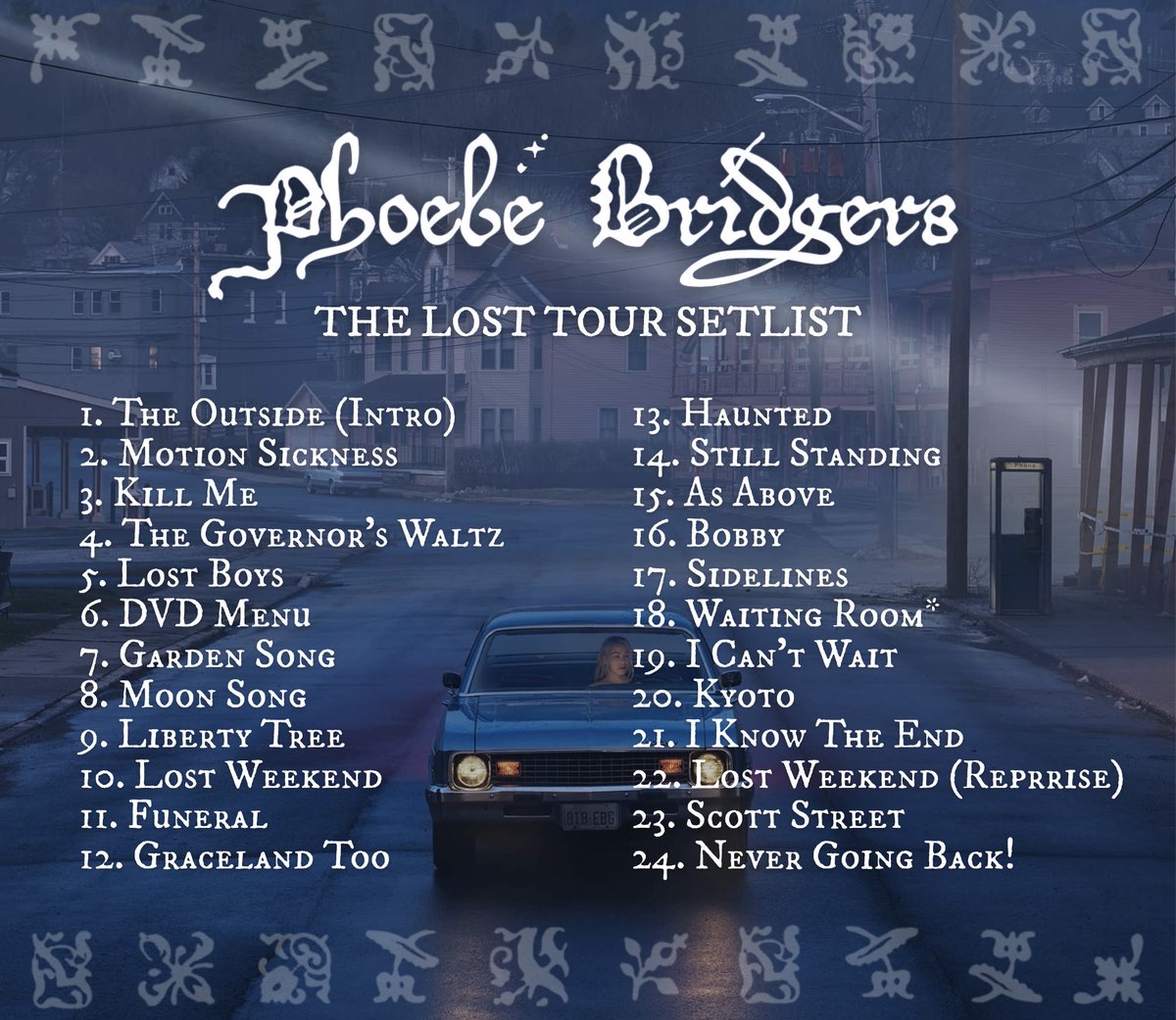 raspberhrriies's tweet photo. phoebe bridgers’ setlist tonight for indianapolis night 2 🛸

looks like she’s doing a surprise song every night https://t.co/t8e6hHDnBf