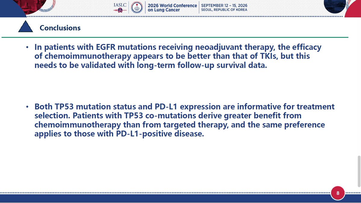 EmreCakirMD's tweet photo. 🆙 #WCLC26 #LCSM | MO06.04 raises an interesting question for EGFR-mutant NSCLC:
In the TP53-mutant subgroup, neoadjuvant chemo-immunotherapy achieved MPR in 48.6%, versus 9.6% with EGFR-TKI. 🎯 Could TP53 help identify patients who benefit from an immune-based combination after TKI progression?

There is a metastatic link: IMpower150 reported an exploratory signal with atezolizumab + bevacizumab + chemotherapy in EGFR-mutant disease after TKI treatment. But TP53 was not validated as a predictor for that regimen. The neoadjuvant result compares chemo-ICI with a TKI, so it cannot isolate the effect of immunotherapy—or be directly applied to metastatic disease.

🔬 A compelling hypothesis: test whether TP53 status predicts benefit from adding immunotherapy to post-TKI treatment in metastatic EGFR-mutant NSCLC.

@OncoAlert @OncoAlert @IASLC @EGFRResisters
