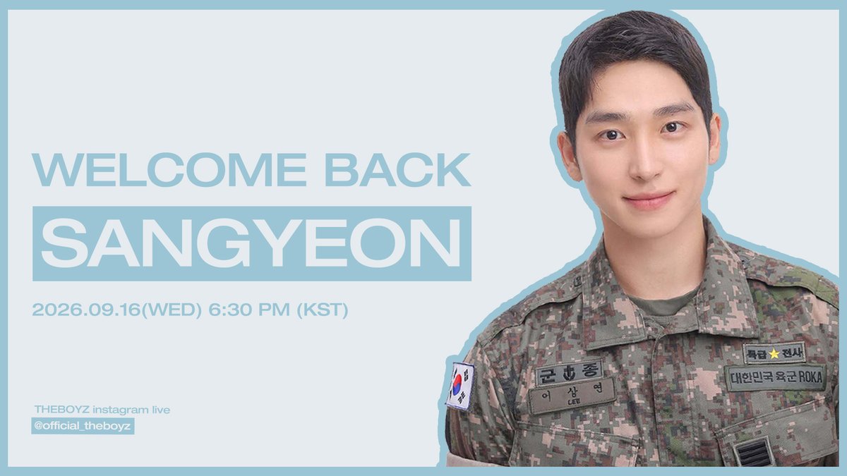 officl_theboyz's tweet photo. [📢] THEBOYZ SANGYEON LIVE 안내

💙 WELCOME BACK SANGYEON 💙

✔ 2026.09.16 18:30 (KST)
✔ INSTAGRAM LIVE (@official_theboyz)

더비! 인스타그램 라이브에서 만나요 💕

#THEBOYZ #더보이즈
#SANGYEON #상연 https://t.co/LEV9wF9mQi