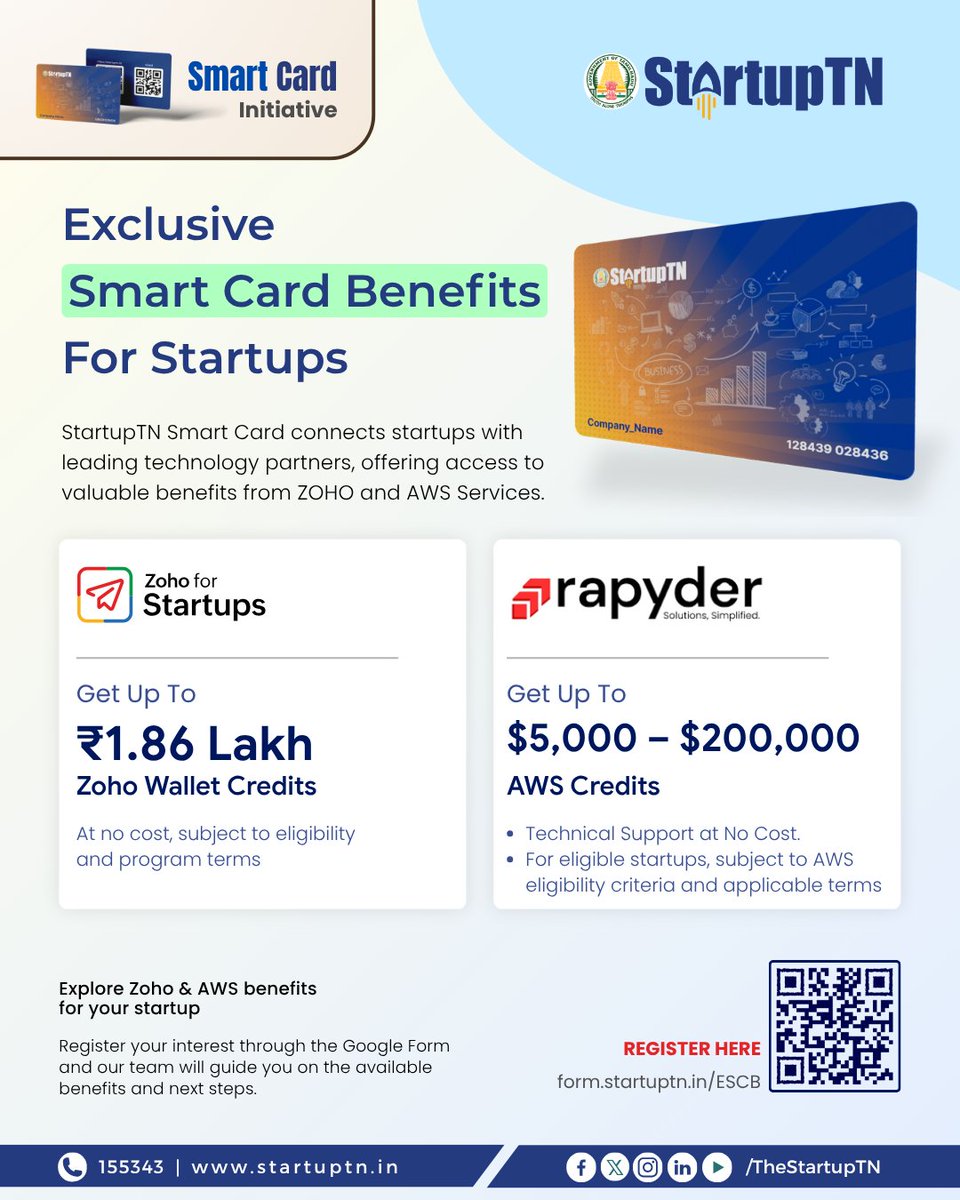 TheStartupTN's tweet photo. Exclusive Smart Card Benefits for Startups

Unlock valuable technology benefits through the StartupTN Smart Card, with access to leading partners Zoho for Startups and Rapyder Cloud Solutions Pvt. Ltd. (AWS Services Partner).

Zoho Benefits
Get up to ₹1.86 lakh in Zoho Wallet Credits at no cost, subject to eligibility and program terms.

AWS Benefits
AWS Credits Support: $5,000 – $200,000 and  Technical Support at No Cost., subject to AWS eligibility criteria and applicable terms.

If your startup is looking for Zoho products or AWS Cloud Services, register your interest and let the StartupTN team guide you through the available benefits and next steps.

Register Here: https://t.co/G4DC4MFANU

#StartupTN #StartupTNSmartCard #SmartCardBenefits #StartupBenefits #StartupEcosystem #ZohoForStartups #AWS #AWSCredits #CloudServices
 
@SingaiGR  @TNDIPRNEWS